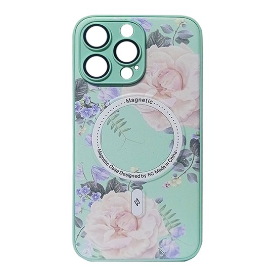 Flower Design Magnetic Case for Apple iPhone 15 Pro Green